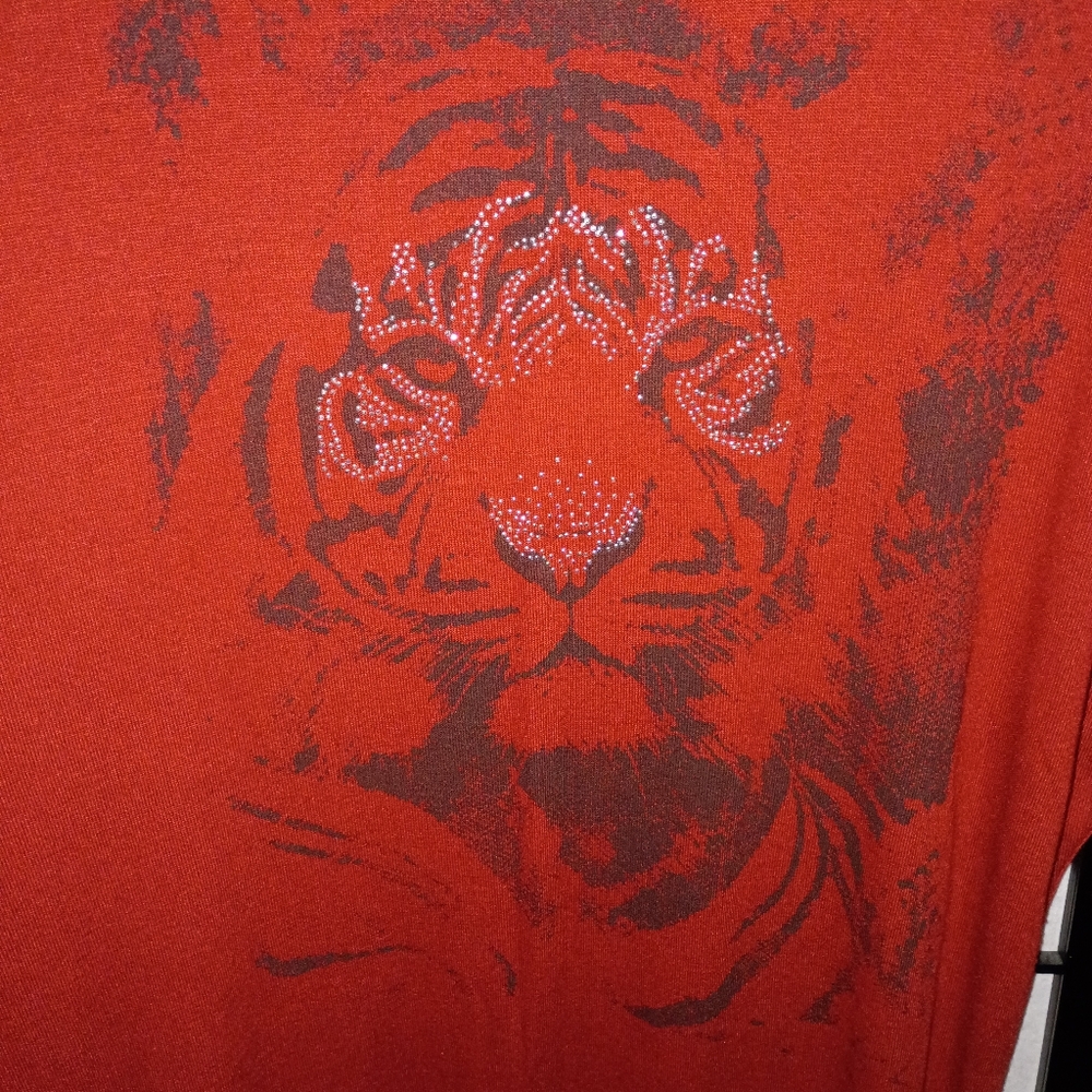Dark Orange Tiger Studded Graphic Women's Tunic Studded Top - Picture 5 of 14